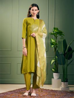 FASHOR - Mirror Embroidered Straight Kurta and Pant with Dupatta - Lime Green