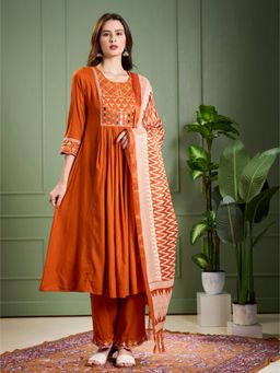 FASHOR - Ethnic Mirror Work A-Line Pleated Kurta with Pant and Dupatta - Rust