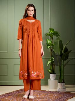 FASHOR - Animal Motif Work and A-Line Pleated Kurta with Pant and Dupatta - Rust