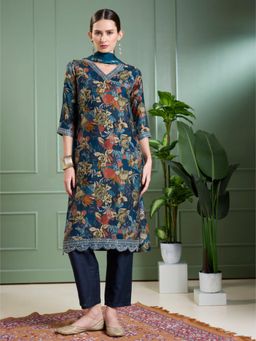 FASHOR - Floral Foil Printed Straight Kurta and Pant with Dupatta - Teal