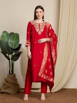 FASHOR - Festive and Ethnic Embroidered Straight Kurta and Pant with Dupatta - Red