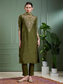 FASHOR - Festive and Ethnic Embroidered Straight Kurta and Pant with Dupatta - Green