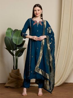 FASHOR - Embellished Straight Kurta and Pant with Dupatta - Teal