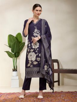 FASHOR - Floral Printed and Embroidered Straight Kurta and Pant with Dupatta - Navy Blue