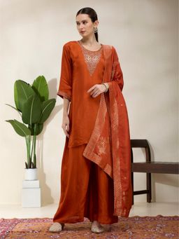 FASHOR - Hand Embroidered Straight Kurta with Palazzo and Dupatta - Rust