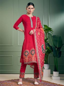 FASHOR - Ethnic Printed and Embroidered Straight Kurta and Pant with Dupatta - Pink