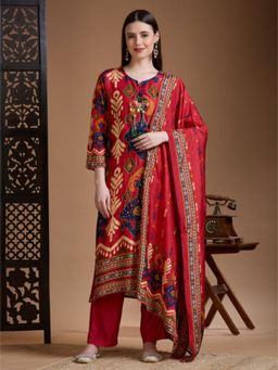 FASHOR - Festive Ikat Printed Embroidered Straight Kurta and Pant with Dupatta - Red