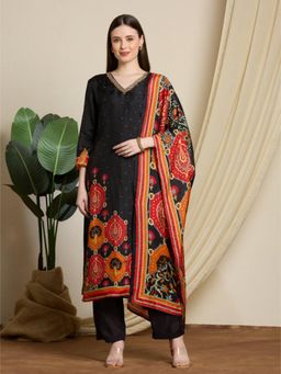 FASHOR - Ethnic Printed Embroidered Straight Kurta and Pant with Dupatta - Black