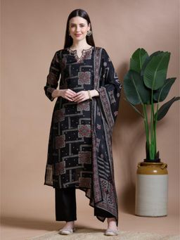 FASHOR - Ethnic Printed and Embroidered Straight Kurta with Pant and Dupatta - Black