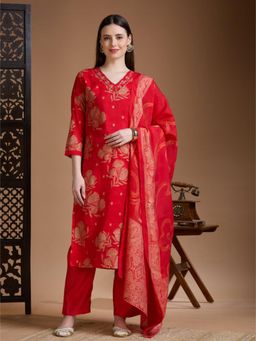 FASHOR - Floral Foil Printed Embroidered Straight Kurta and Pant with Dupatta - Red