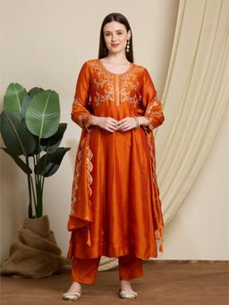 FASHOR - Festive Embroidered Anarkali Kurta with Pant and Scalloped Dupatta - Orange
