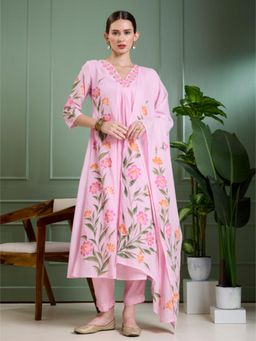 FASHOR - Floral Hand Painted A-Line Kurta and Pant with Dupatta - Pink
