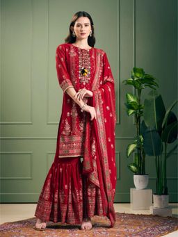 FASHOR - Festive Floral Printed and Embroidered Kurta with Sharara and Dupatta - Red