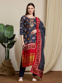 FASHOR - Festive Patola Printed Embroidered Straight Fit Kurta and Pant with Dupatta - Navy Blue