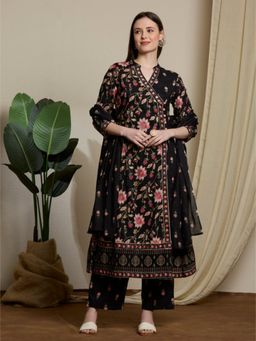 FASHOR - Ethnic Floral Printed Embroidered A-Line Angrakha and Pant with Dupatta - Black