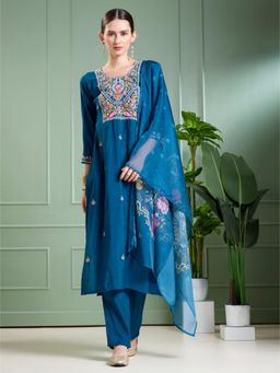 FASHOR - Floral Hand Embroidered Straight Kurta and Pant with Dupatta - Blue