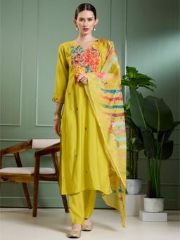 FASHOR - Floral Hand Embroidered Straight Kurta and Pant with Dupatta - Lime Green