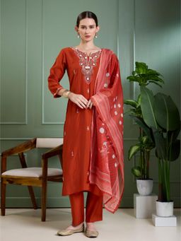 FASHOR - Floral Hand Embroidered Straight Kurta and Pant with Dupatta - Rust
