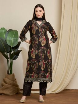 FASHOR - Floral Foil Printed Straight Kurta and Pant with Dupatta - Black