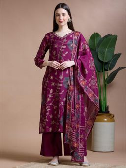 FASHOR - Floral Printed Embroidered Straight Kurta and Pant with Dupatta - Magenta