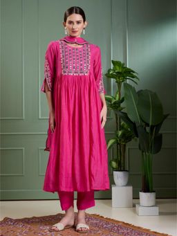FASHOR - Festive Mirror Embroidered A-Line Pleated with Pant and Scalloped Dupatta - Magenta