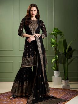 FASHOR - Festive Floral Printed and Embroidered Kurta with Sharara and Dupatta - Black