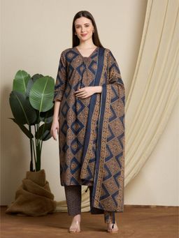 FASHOR - Ethnic Ajrakh Printed Straight Kurta and Pant with Dupatta- Multi-Color