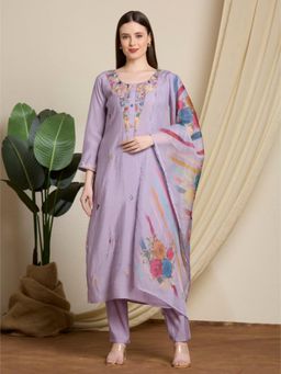 FASHOR - Floral Hand Embroidered Straight Kurta and Pant with Dupatta - Lavender