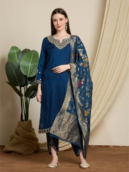 FASHOR - Ethnic Embroidered Straight Kurta with Dhoti and Dupatta - Blue
