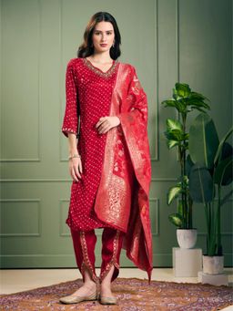 FASHOR - Ethnic Embroidered Straight Kurta with Dhoti and Dupatta - Maroon
