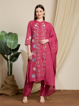 FASHOR - Floral Embroidered Straight Kurta and Pant with Dupatta - Pink