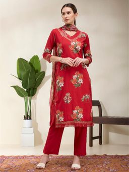 FASHOR - Ethnic Floral Printed Straight Kurta and Pant with Dupatta - Red
