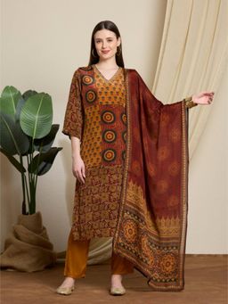 FASHOR - Ethnic Printed and Embroidered Straight Kurta and Pant with Dupatta - Mustard