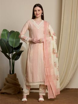 FASHOR - Chevron and Floral Printed Straight Kurta with Pant and Dupatta - Beige