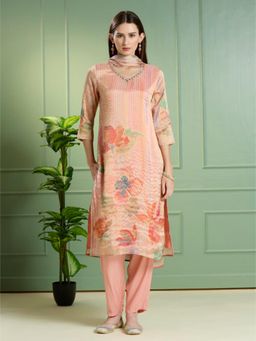 FASHOR - Festive Floral Printed Embroidered Tissue Kurta and Pant with Dupatta - Pink