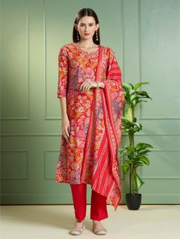 FASHOR - Ethnic Floral Printed Straight Kurta and Pant with Dupatta - Red