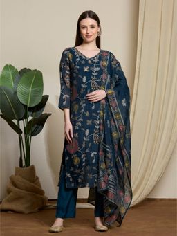 FASHOR - Floral Printed Embroidered Straight Kurta with Pant and Dupatta - Teal Blue
