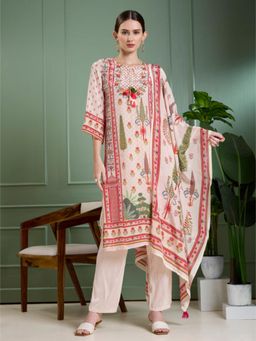 FASHOR - Ethnic Printed and Embroidered Straight Kurta and Pant with Dupatta - Cream