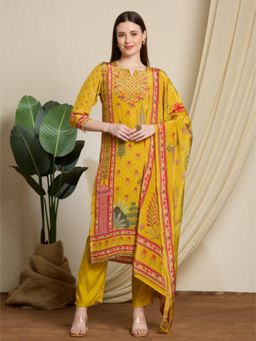FASHOR - Ethnic Printed and Embroidered Straight Kurta and Pant with Dupatta - Yellow