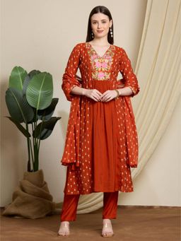 FASHOR - Festive Floral Embroidered A-Line Pleated Kurta and Pant with Dupatta - Rust