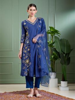 FASHOR - Floral Embroidered with Pant and Scalloped Dupatta - Blue