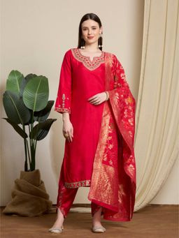 FASHOR - Ethnic Embroidered Straight Kurta with Dhoti and Dupatta - Red