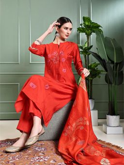 FASHOR - Lotus Embroidered Straight Kurta and Pant with Dupatta - Rust