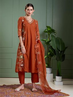 FASHOR - Floral Embroidered Kurta with Pant and Scalloped Dupatta - Rust
