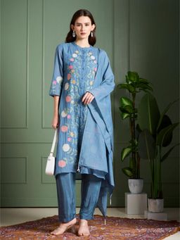 FASHOR - Floral Embroidered Straight Kurta and Pant with Dupatta - Blue