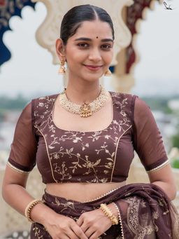 Suta - Brown Half Sleeves Organza Padded Stitched Blouse