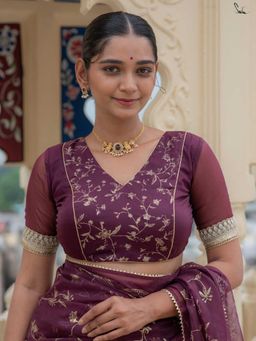 Suta - Wine Half Sleeves Organza Padded Stitched Blouse