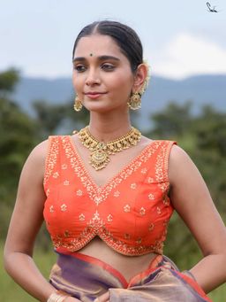 Suta - Orange Sleeveless Polyester Padded Stitched Blouse