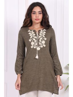 W - Floral Olive Embroidered Straight Acrylic Tunic