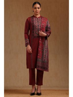 Soch - Womens Brick Red Acrylic Floral Printed Winter Kurta and Pant with Dupatta